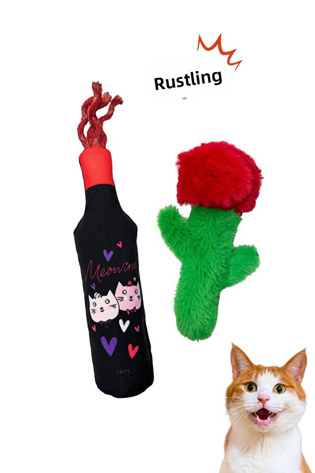 2-Piece Cat Toy Set with Food Storage Plush Rose and Plush Bottle with Catnip