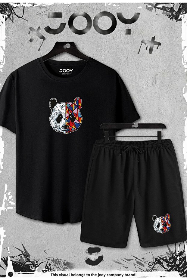 2-Piece Panda Printed Slim Fit Black Tshirt - Set with Black Shorts