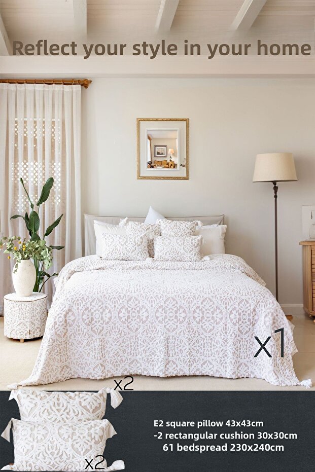 Beige Bohemian Punch Ponch Patterned Double Bedspread Set - 2