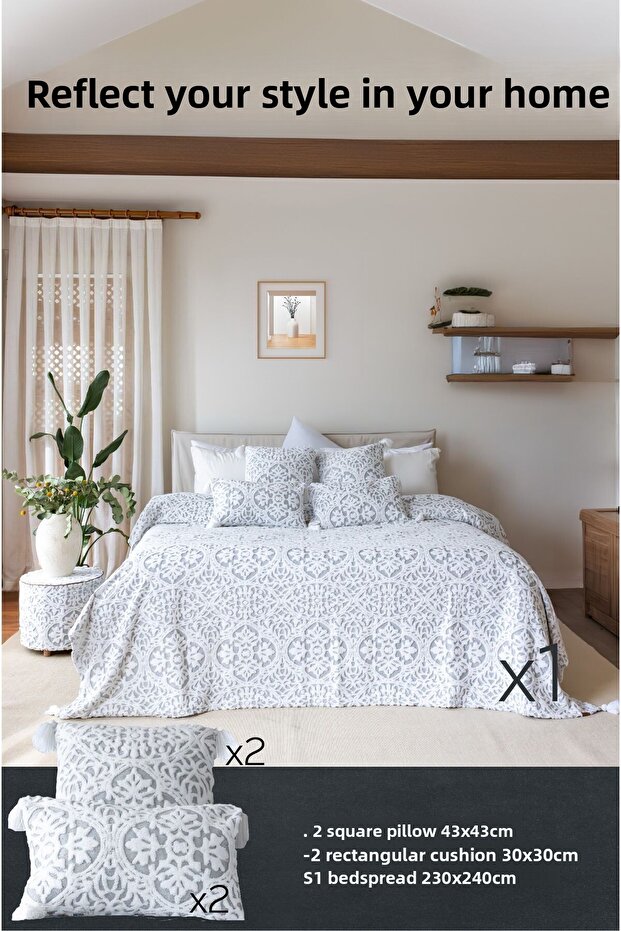 Double Gray Scandinavian Bedspread Set - Bohemian Punch Punch Pattern Motif - 3