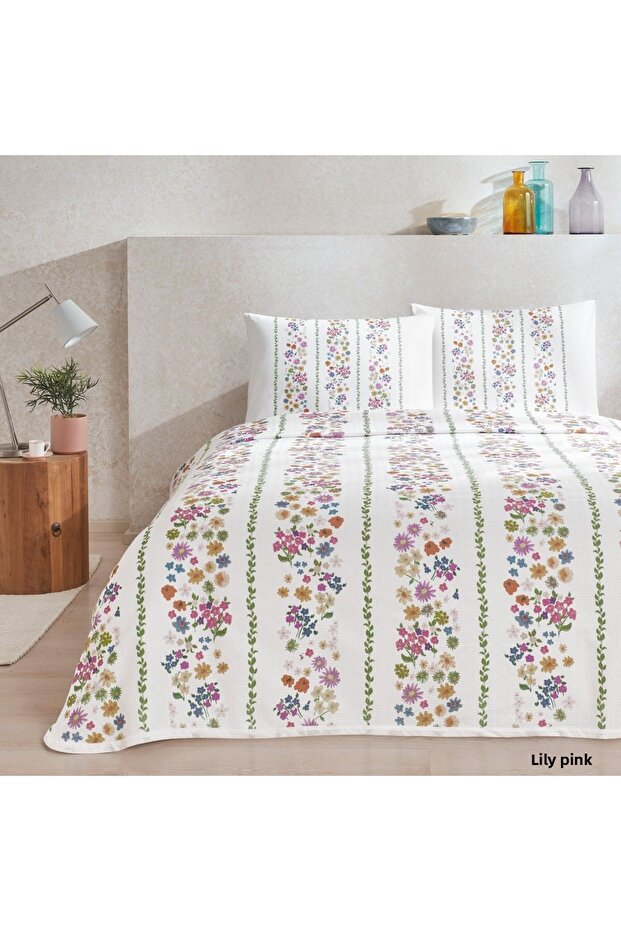Colorful Floral Patterned Single Pique Set Lily Pink - 100% Cotton - Soft and Breathable Fabric