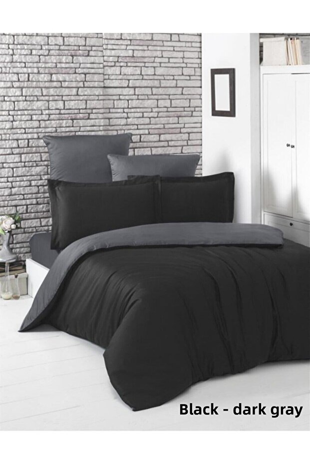 Karna Loft Double Mach Cotton Satin Duvet Cover Set Black - Dark Gray