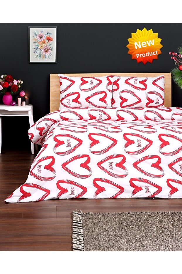Large Red Heart Patterned Double Duvet Cover Set with White Background - Without Crossbags