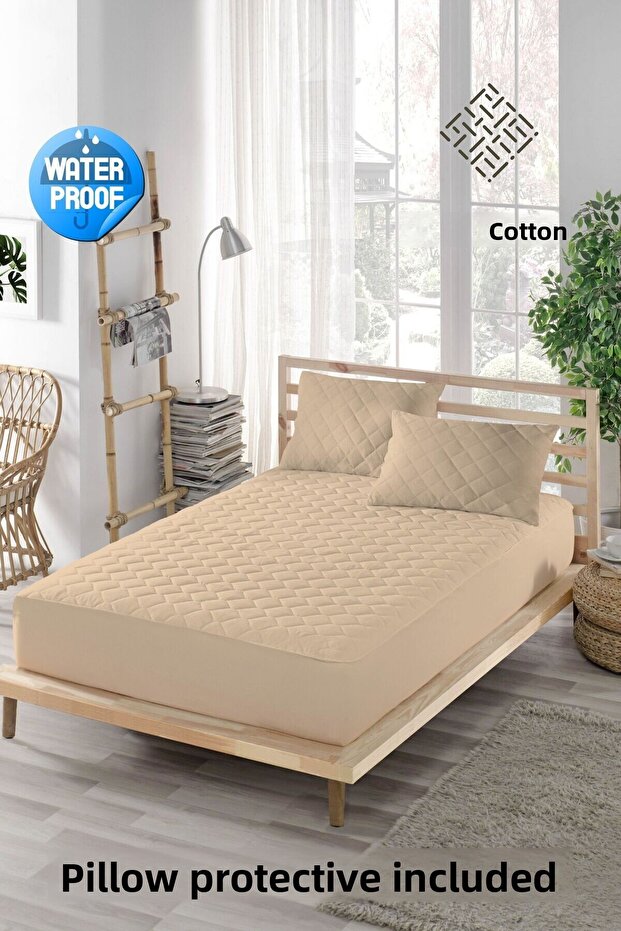 Colorful Liquid-Proof Fitted Sheet+Pillow Mattress (Total 3 Pieces) 100% Cotton Quilted