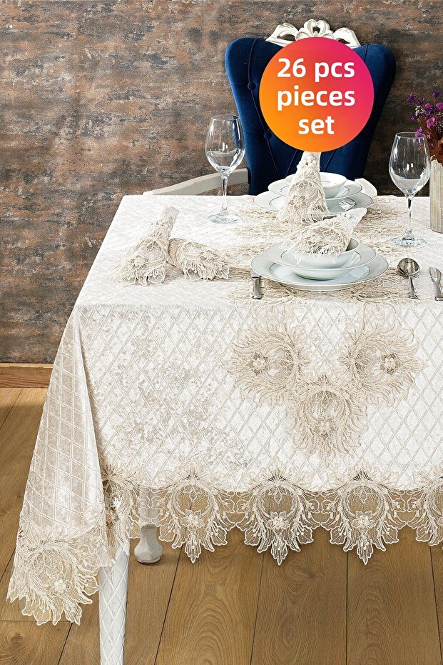 Velvet Tablecloth Set Lacy Laced Grand Cream
