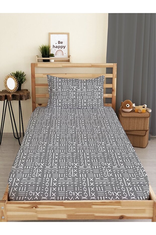 طقم ملاءة مطاطية مطبوعة بنمط عرقي مقاس مفرد وطفل باللون الرمادي
