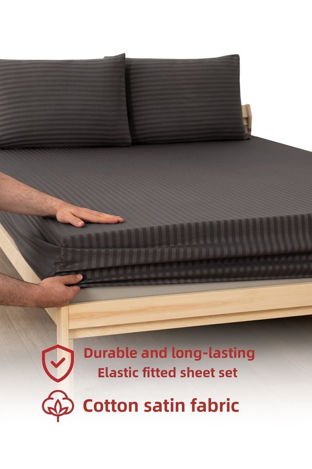 Anthracite Colored, Double Cotton Striped Satin Elastic Sheet Set