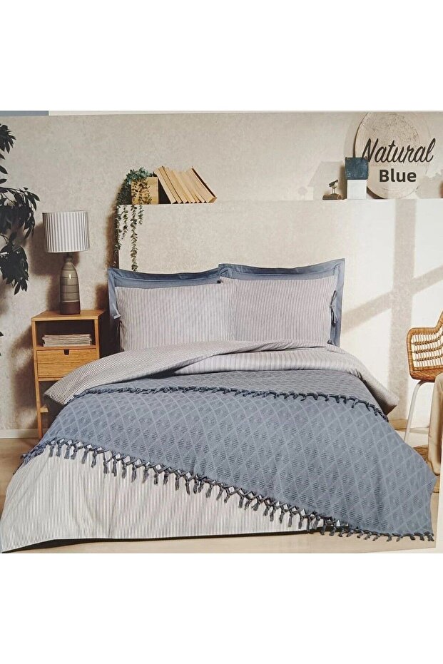 Blue Özdilek Natural Double Pique Duvet Cover Set
