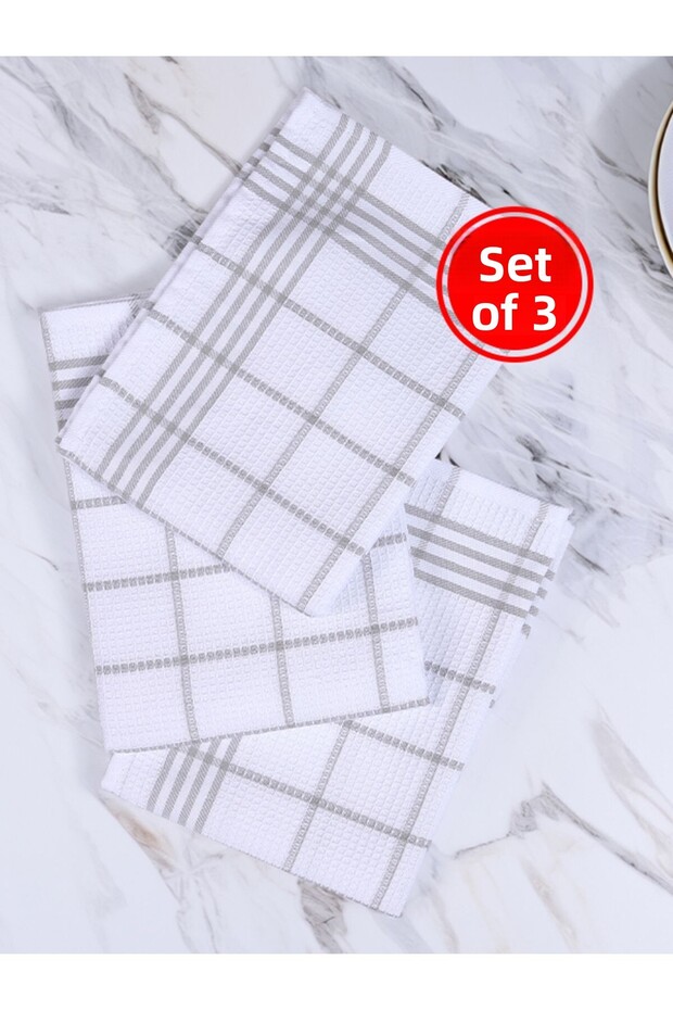 Waffle Pattern 3-Piece Gray Kitchen Drying Cloth, Nutrition Cover, American Serving Napkin, Set 50X70Cm