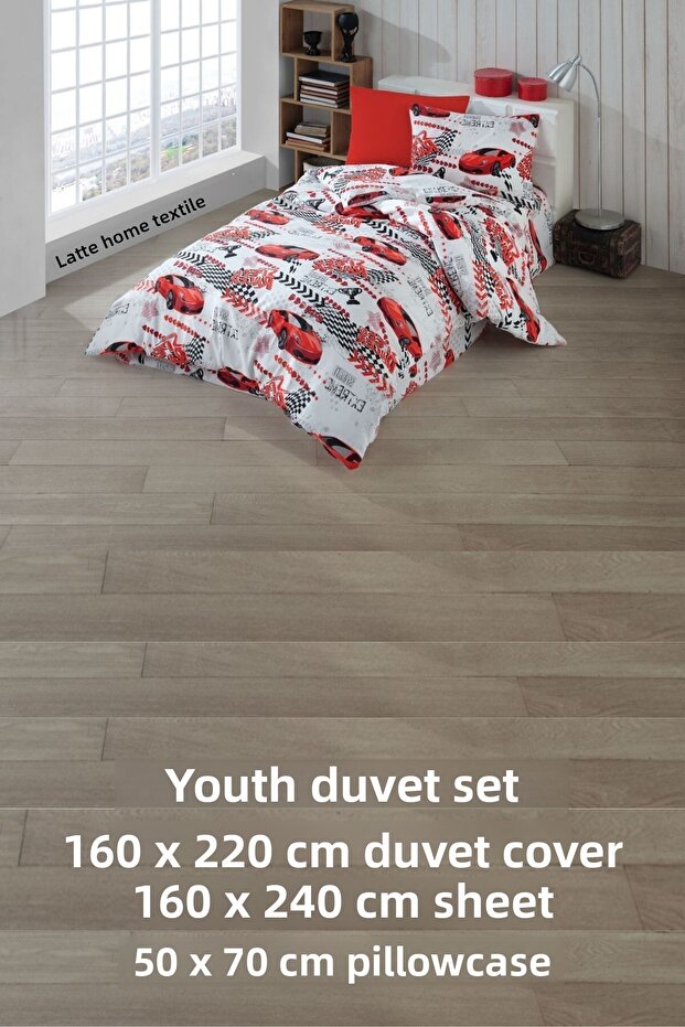 Red Car Patterned, Children/Teenagers Cotton Ranforce Fabric Duvet Cover Set
