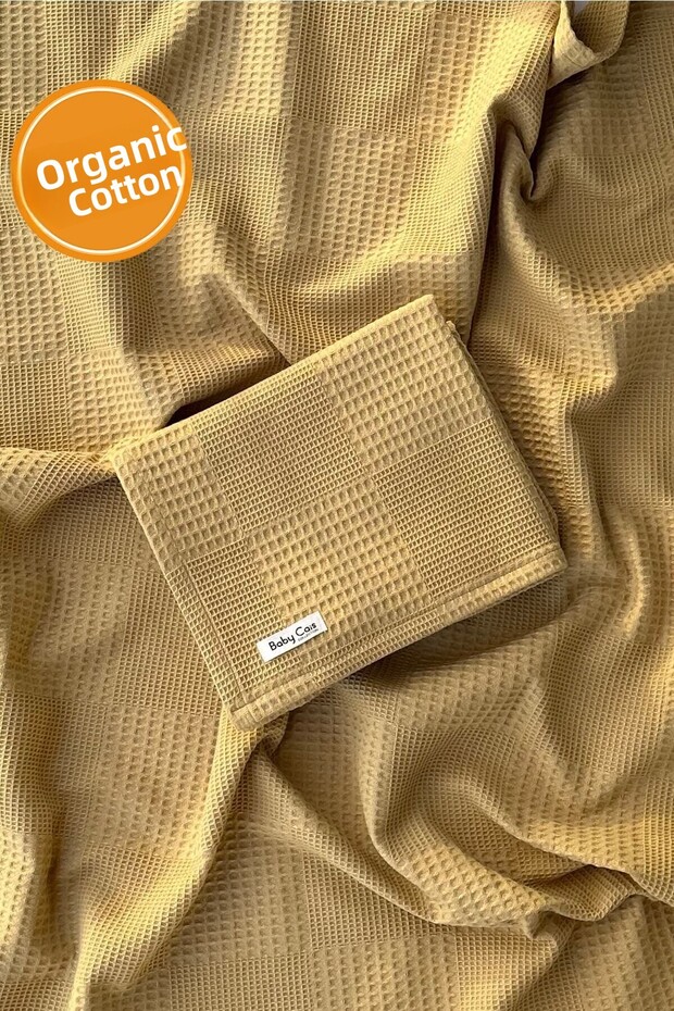 Waffle Pattern Baby Pique Organic Cotton Baby Blanket Mustard 100x120 Cm