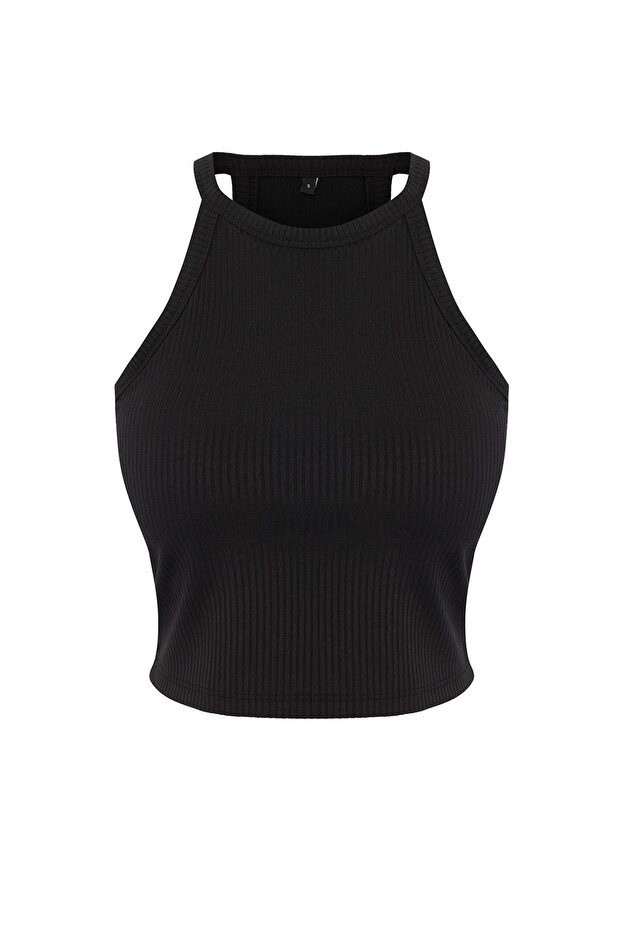 Siyah İçi Pedli Bra Detaylı Fitted/Vücuda Oturan Örme Atlet TWOSS25AL00026 - 6