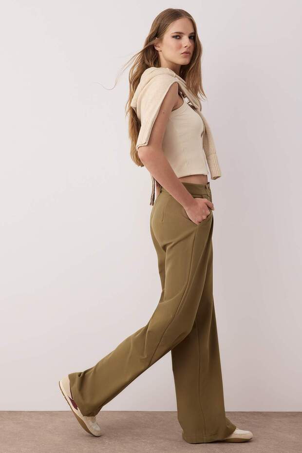 Açık Haki Pilili Wide Leg/Geniş Paça Pantolon TWOAW25PL00109 Palazzo - 8