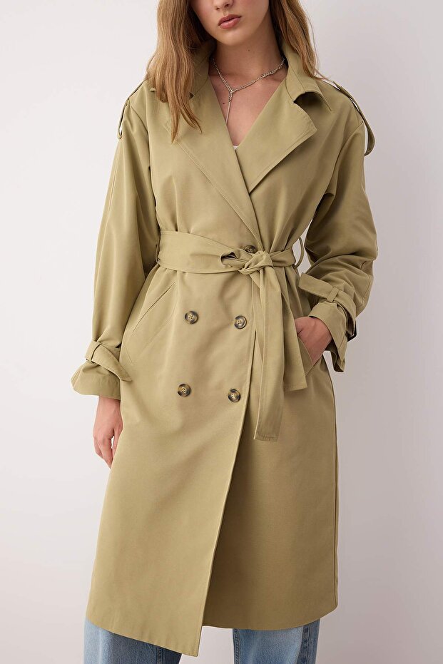 Lehký khaki dvouřadý oversize dlouhý trenčkot TWOAW26TR00010 - 9