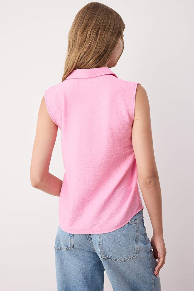 Pembe Sıfır Kol Keten Görünümlü Regular Normal Kalıp Dokuma Gömlek TWOSS25GO00097 - 4