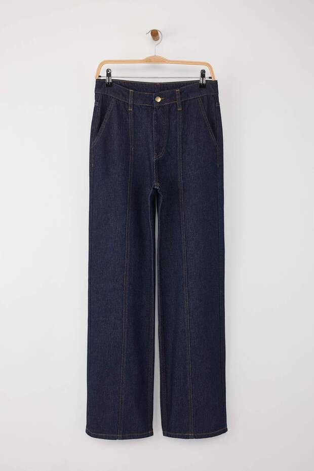 Özel Koleksiyon Koyu Mavi Dikiş Detaylı Yüksek Bel Wide Leg Jeans TWOAW26JE00002 - 5