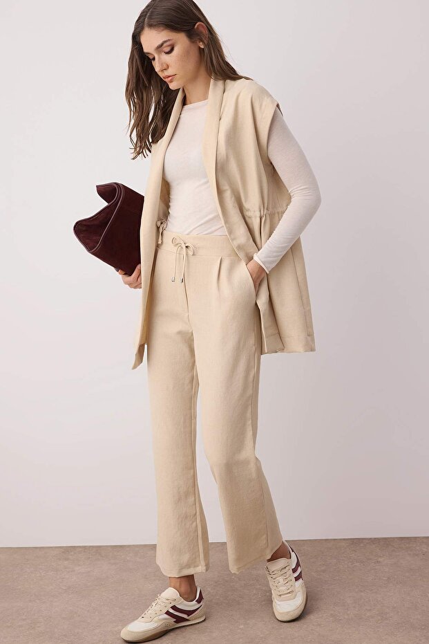 Krem İçten Bağlamalı Keten Görünümlü Kimono-Pantolon Dokuma Takım TCTSS23US00061 - 1