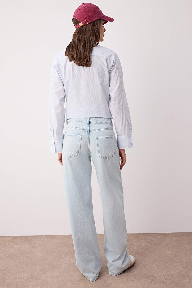Açık Mavi Düşük Bel Wide Leg/Geniş 100% Pamuk Paça Jeans TWOAW26JE00001 - 4