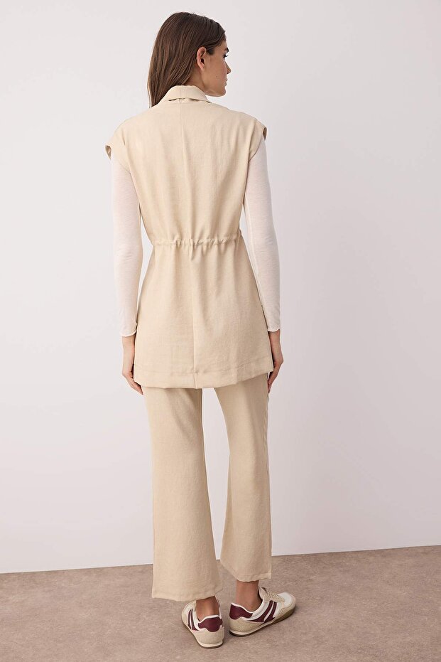 Krem İçten Bağlamalı Keten Görünümlü Kimono-Pantolon Dokuma Takım TCTSS23US00061 - 4