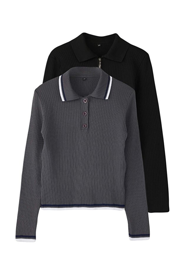 Gri-Siyah 2'li Basic Kısa/Crop İkili Paketl Triko Body Hırka-Kazak TWOAW26KZ00116 - 8