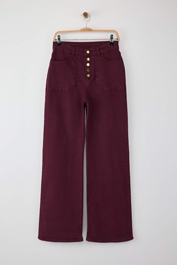 Özel Koleksiyon Bordo Düğme Detaylı Yüksek Bel Wide Leg Comfort/Esnek Jeans TWOAW26JE00017 - 1