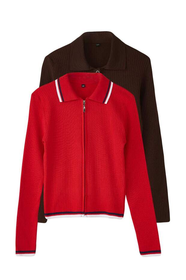Kahverengi-Kırmızı 2'li Basic Kısa/Crop İkili Paket Triko Hırka-Kazak TWOAW26KZ00116 - 8