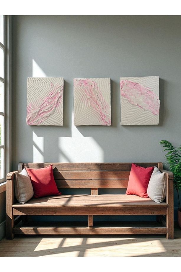 Dokulu El Yapımı Tablo 3lü Tablo Seti Modern Dokulu Tablo,pembe Dokulu Tablo - 1