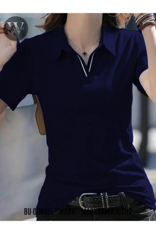 Women's Navy Blue Polo Neck Striped Short Sleeve Body Slimfit Stretchy Stretch Fabric 100% Cotton Summer