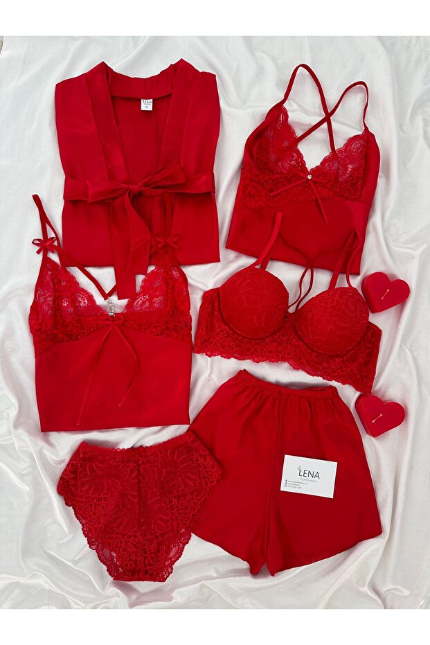 Women's Red Satin Vanessa Nightgown Dressing Gown Dowry Set