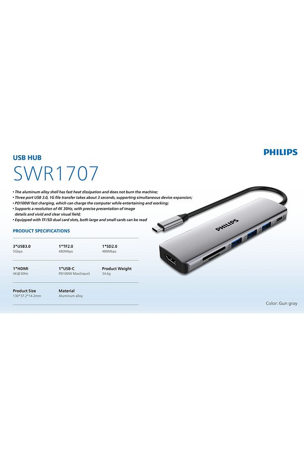 7in1 USB-C Hub,100W Type-C PD Hızlı Şarj,HDMI 4K@30Hz,SD/MicroSD 480Mbps,3xUSB-a3.0 5Gbps,SWR1707/70 - 2
