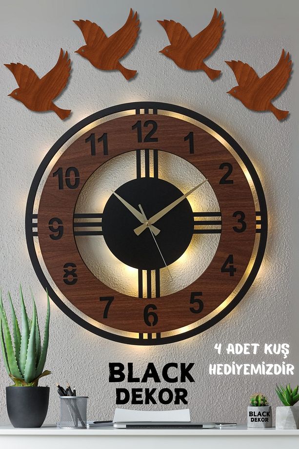 Ceviz Rengi Işıklı 40 Cm Ahşap Duvar Saati | Modern Ve Şık Dekoratif Duvar Saati Modeli - 1