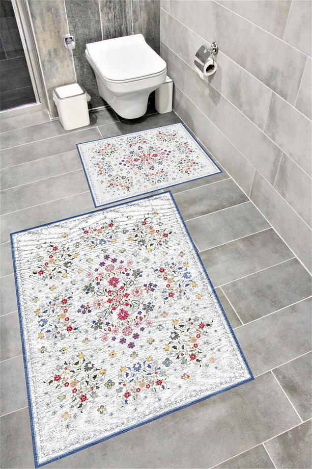 Su Emici Yumuşak Kaymaz Taban Sünger Dolgulu Pamuksu Doku Yıkanabilir Dekoratif Banyo Paspası 1614 - 1