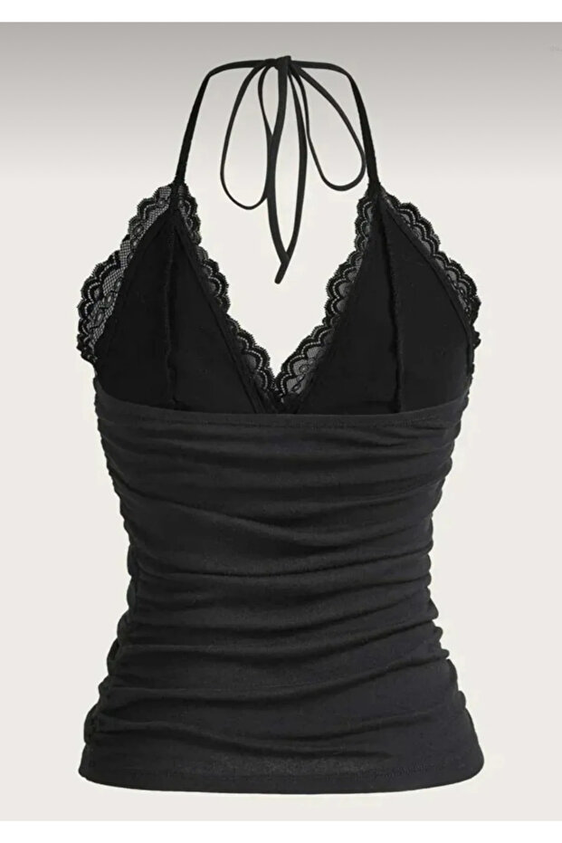 Siyah Düz Basic Dantelli Ek Askılı Crop - 2
