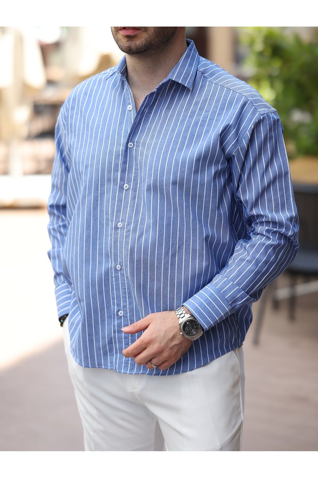 Old Money Shirt with Striped Stand Collar