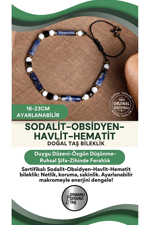 Certified Sodalite Obsidian Howlite Hematite Natural Stone Macrame Adjustable Bracelet