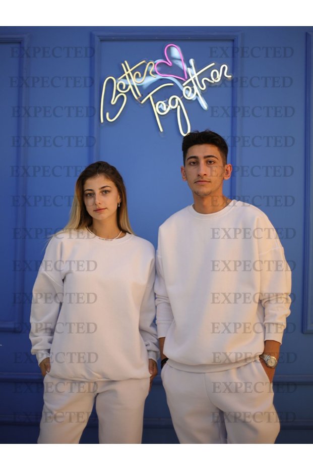 White Lover Couple Combinations Oversize Embroidered Sweatshirt 2 Pcs