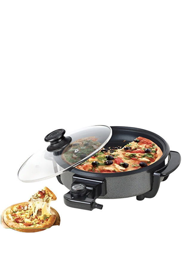 Electric Pizza Pan – Non-stick Cooker, Temp Control, Glass Lid, Grill, Bake, Fry, Family Size