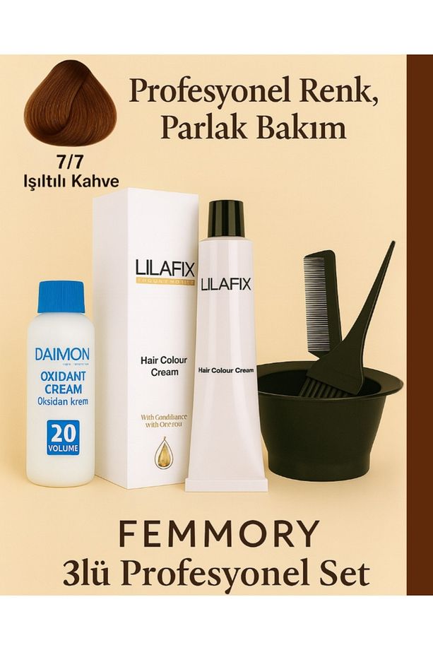 LIL’AFIX 7/7 Işıltılı Kahve Profesyonel Saç Boya Seti %6 (20)Oksidan+Karıştırma Kabı+Fırça - 1