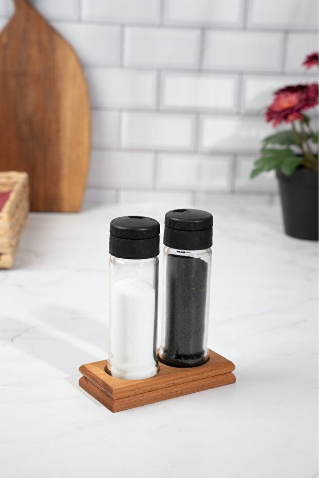 Vera 2-Piece Spice Rack Set, 2-Piece Spice Rack Set with Wooden Stand – Glass Bottles, Lid
