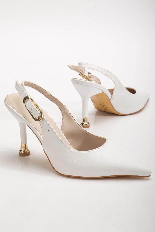 Women's White Leather Buckle Pointed Stylish Heeled Stiletto Shoes