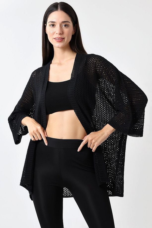 Kadın Siyah Oversize Baharlık Ajurlu Triko Hırka - 2