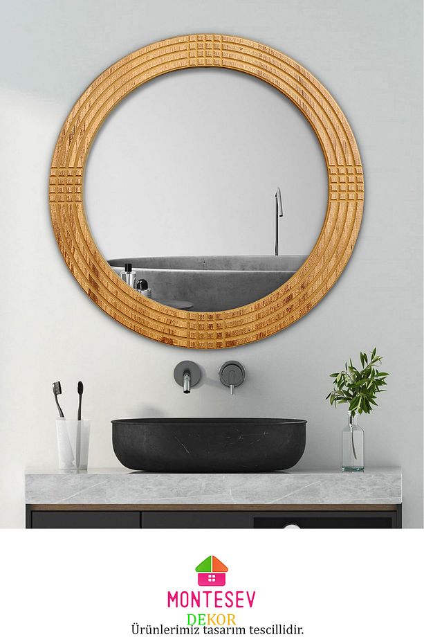 Safir Ahşap Dekoratif Ayna Yuvarlak Ayna Işlemeli Ahşap Duvar Aynası - 56 Cm - 3