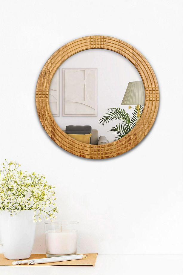 Safir Ahşap Dekoratif Ayna Yuvarlak Ayna Işlemeli Ahşap Duvar Aynası - 56 Cm - 4
