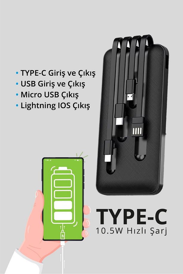 9030 LCD Göstergeli 10.000mAh Powerbank Hızlı Şarj / Type-C-USB-iOS Lightning-Micro USB Çoklu Kablo - 3