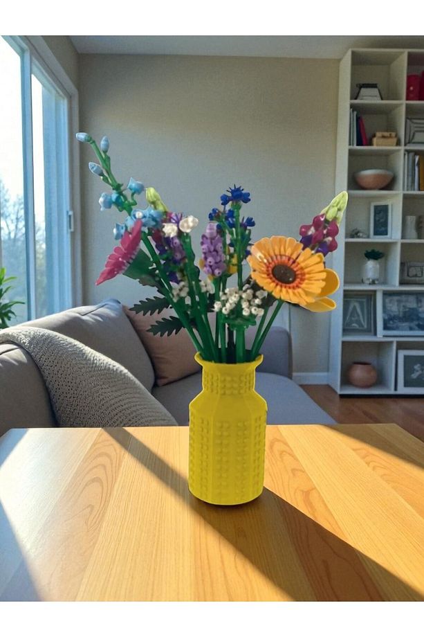 Blok Çiçek Buketi Uyumlu Dekoratif Sarı Vazo – 13 Cm, Modern Tasarım (ÇİÇEKLER DAHİL DEĞİLDİR) - 1