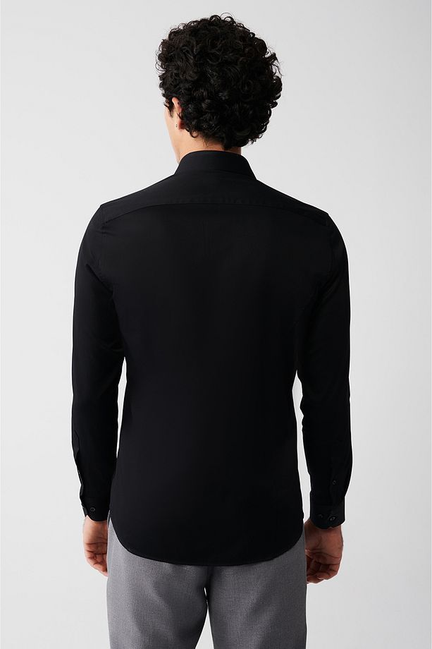 Erkek Siyah Slim Fit %100 Pamuk Klasik Yaka Saten Gömlek B002002 - 4