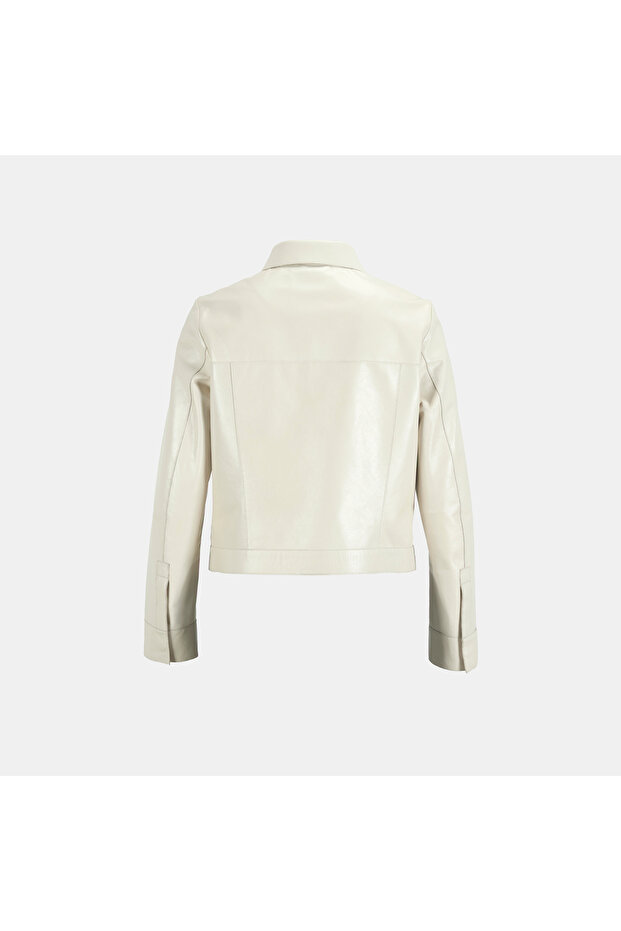 Kadın Beyaz Gömlek Yaka Örmeli Deri Ceket - 4