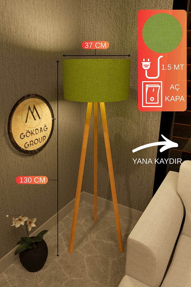 3 Ayaklı MEGA BOY Tripod Lambader Abajur Yeşil Kumaş Başlık - 2