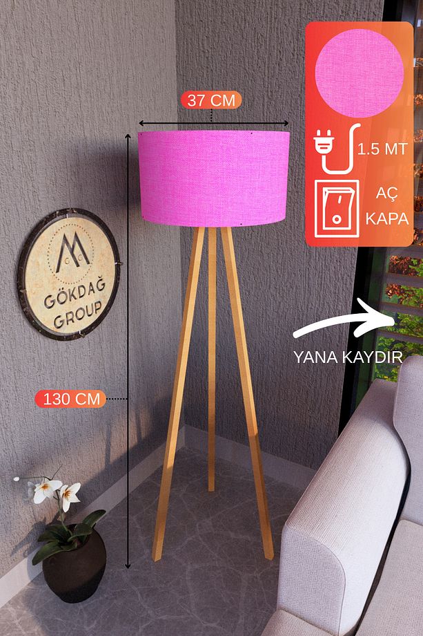 3 Ayaklı MEGA BOY Tripod Lambader Abajur Pembe Kumaş Başlık - 1