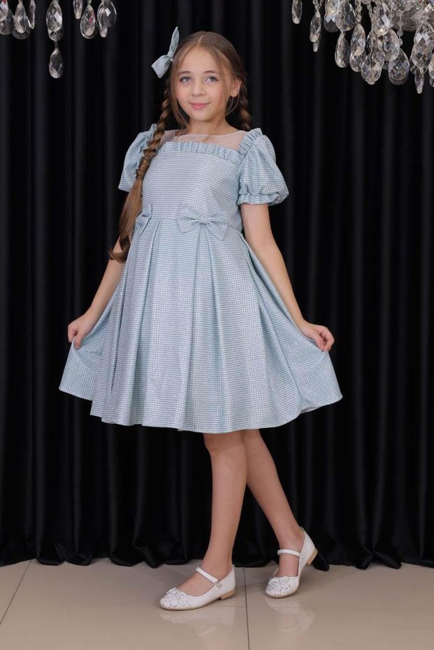 Girl's Square Collar Transparent Tulle Glitter Blue Evening Dress with Ruffled Shoulders and Bow Detail at the Waist